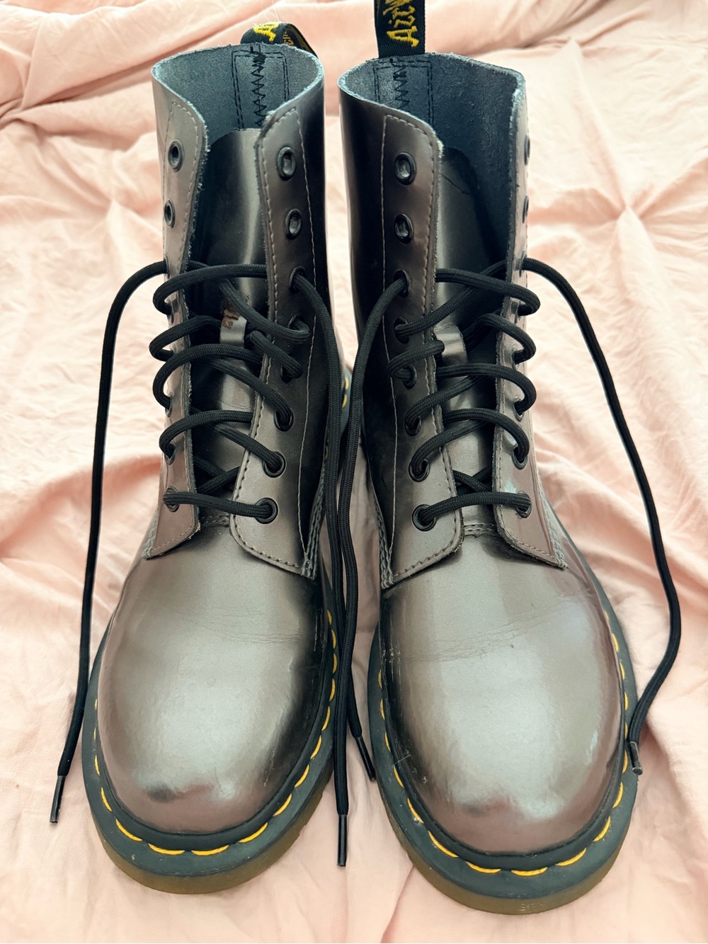Dr. Martens Women's Pewter Lace-Up Boots with signature Yellow Stitching